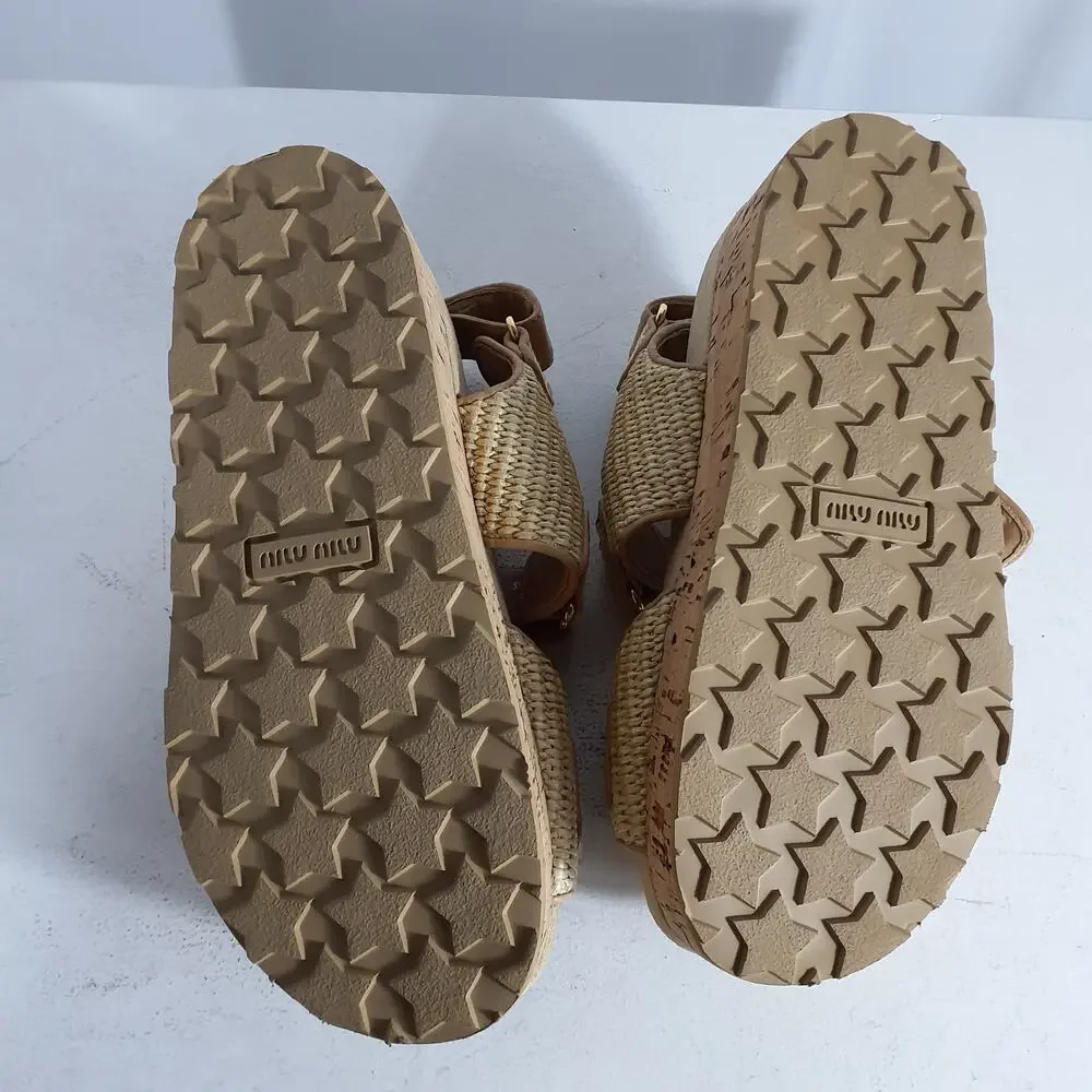 Miu Miu Beige Woven Cork Platform Sandals - Picture 7 of 8